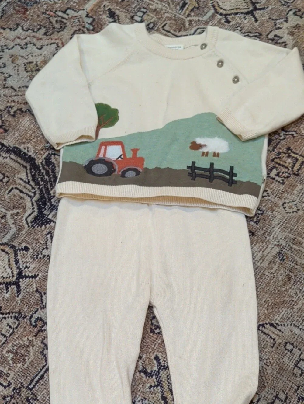Cream Farm Tractor Knit Kids Sweater Set